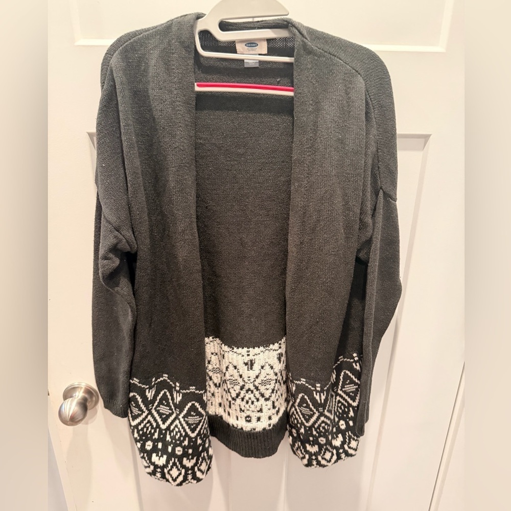 Old Navy Gray Open Front Cardigan w/ Black & White Fair Isle Border - Size Small